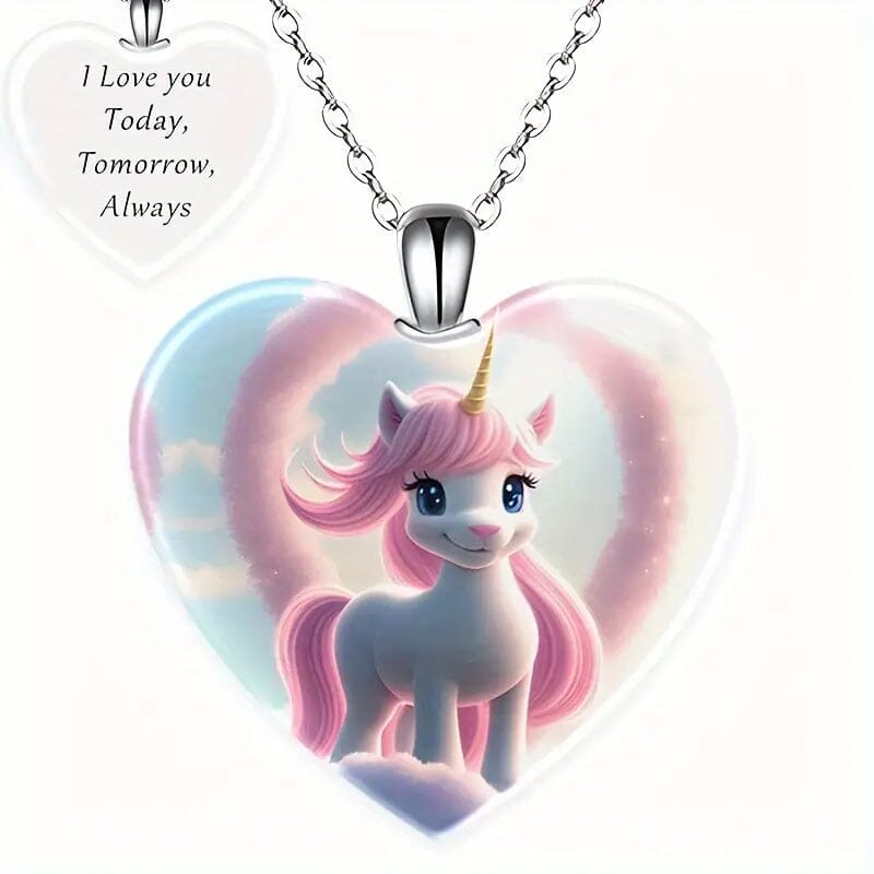 Unicorn Heart-Shaped Crystal Pendant Necklace