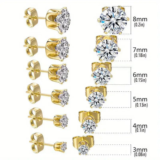 18K Gold Plated Ear Bone Buckle Stainless Steel 6-Prong Zirconia Stud Earrings