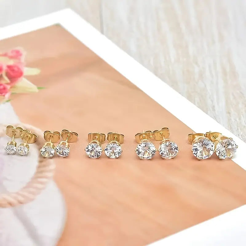 18K Gold Plated Ear Bone Buckle Stainless Steel 6-Prong Zirconia Stud Earrings