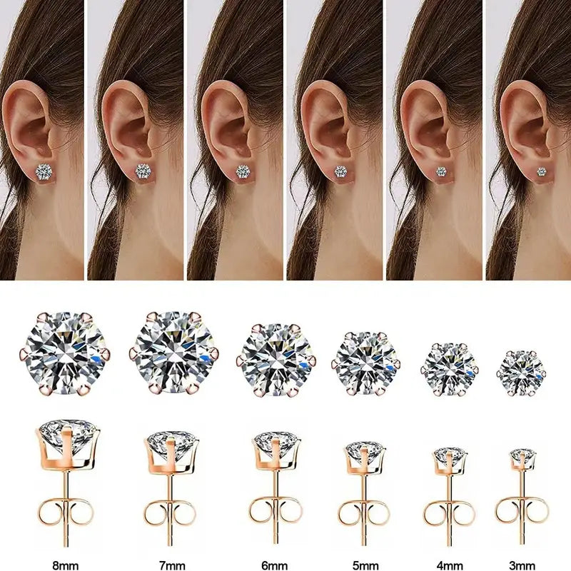 18K Gold Plated Ear Bone Buckle Stainless Steel 6-Prong Zirconia Stud Earrings