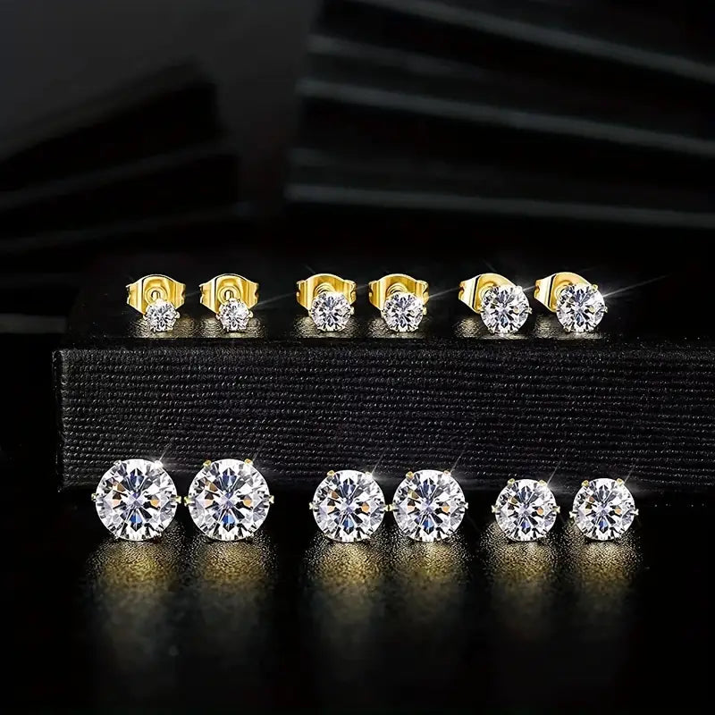 18K Gold Plated Ear Bone Buckle Stainless Steel 6-Prong Zirconia Stud Earrings