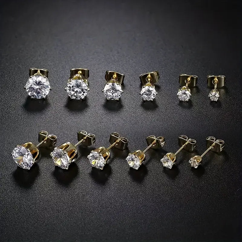 18K Gold Plated Ear Bone Buckle Stainless Steel 6-Prong Zirconia Stud Earrings