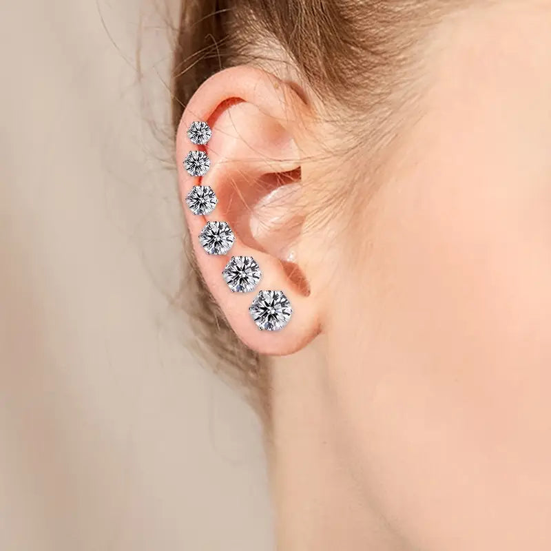 18K Gold Plated Ear Bone Buckle Stainless Steel 6-Prong Zirconia Stud Earrings