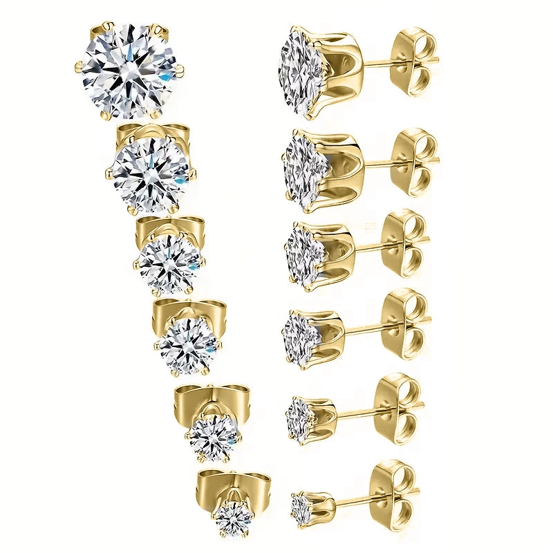 18K Gold Plated Ear Bone Buckle Stainless Steel 6-Prong Zirconia Stud Earrings