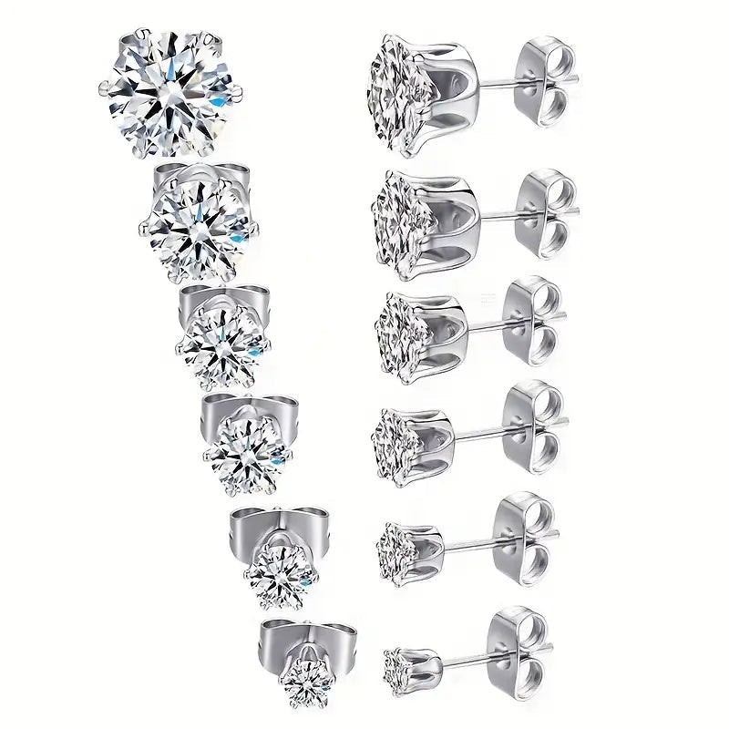 18K Gold Plated Ear Bone Buckle Stainless Steel 6-Prong Zirconia Stud Earrings