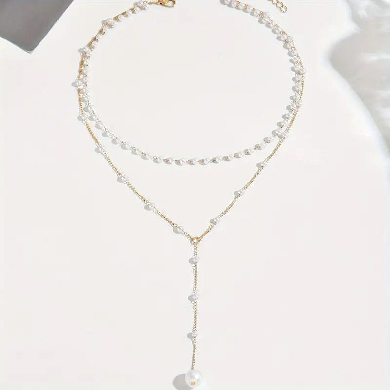 Elegant Vintage Style Double-Layer Pendant Necklace with Imitation Pearl Accents and Tassel Drop