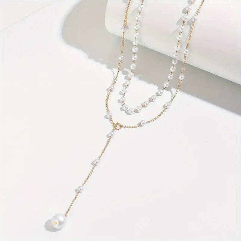 Elegant Vintage Style Double-Layer Pendant Necklace with Imitation Pearl Accents and Tassel Drop