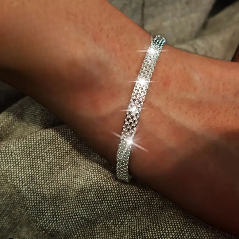S925 Sterling Silver Chain Bracelet, Sparkling Mesh Embossing Pattern Jewelry
