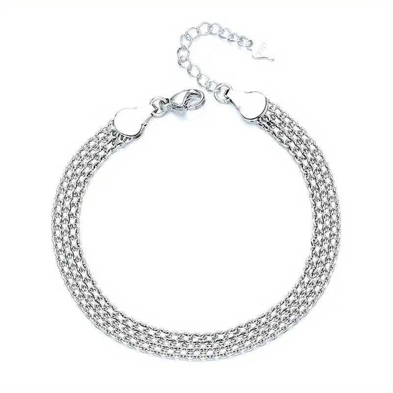 S925 Sterling Silver Chain Bracelet, Sparkling Mesh Embossing Pattern Jewelry