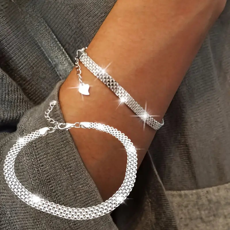 S925 Sterling Silver Chain Bracelet, Sparkling Mesh Embossing Pattern Jewelry