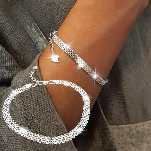 S925 Sterling Silver Chain Bracelet, Sparkling Mesh Embossing Pattern Jewelry